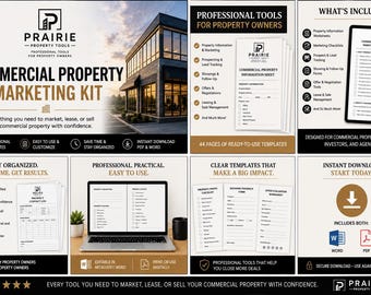 Kit de marketing para propiedades comerciales / Plantillas inmobiliarias, lista de verificación de propiedades, formularios para visitas y publicaciones en redes sociales.