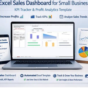 Op de afbeelding: Een Excel-verkoopdashboard-sjabloon voor kleine bedrijven weergegeven op een laptopscherm, een tablet met een snelstartgids en een afgedrukte trendanalysekaart met KPI-trackers, winstanalyses en grafieken voor verkooptrends.