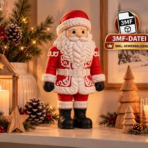 May include: A Santa Claus figurine wearing a red coat with white trim, a matching hat, and black boots. The figure features a white beard, a white belt with a buckle, and intricate white scrollwork patterns on the red coat and sleeves.