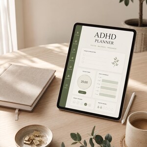 May include: A digital tablet displaying an ADHD planner interface with a dark green sidebar and cream background. The screen shows sections for priorities, a focus timer set to 25:00, a daily schedule, a mood tracker, and water intake icons.