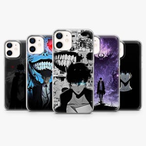 May include: A collection of five smartphone cases featuring various graphic illustrations from the Solo Leveling series. The designs include characters with glowing blue eyes, dark silhouettes, a large grinning face, and black and white manga panels.