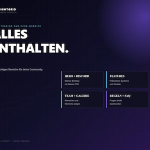Könnte beinhalten: Eine dunkelviolette digitale Website-Vorlage mit dem Titel NIGHTGRID und dem Text ALLES ENTHALTEN. Das Layout zeigt vier verschiedene Bereiche mit den Bezeichnungen HERO + DISCORD, FEATURES, TEAM + GALERIE und REGELN + FAQ in einem Raster.