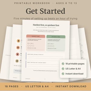 Può includere: Un quaderno di esercizi stampabile per bambini dagli 8 ai 13 anni intitolato Get Started, con 18 pagine nei formati US Letter e A4. Il quaderno include sezioni per esperimenti Hardest First o Quickest First con caselle di controllo e righe.