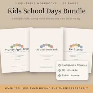Pode incluir: Um pacote digital de três cadernos de exercícios imprimíveis intitulado Kids School Days Bundle, incluindo The Try-Again Book, The Wind-Down Book e Get Started. O conjunto contém 52 páginas no total, disponíveis em tamanhos US Letter e A4.