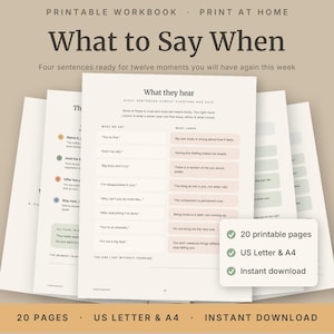 Puede incluir: Un libro de ejercicios imprimible titulado What to Say When, con veinte páginas en formatos US Letter y A4. El documento incluye tablas que comparan frases como You're fine con My own body is wrong about how it feels, para descarga.