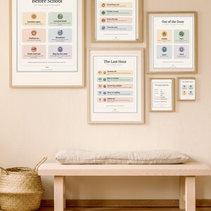 May include: A collection of six framed wall art prints featuring daily routine checklists titled Before School, The First Hour Home, Out of the Door, and The Last Hour. Each print uses pastel-colored icons and text to organize tasks for children.
