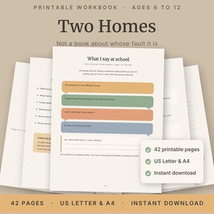 May include: A printable workbook titled Two Homes for ages 6 to 12, featuring 42 pages in US Letter and A4 sizes. The pages include text prompts, speech bubble graphics in muted colours, and lines for writing, designed for children of separated parents.