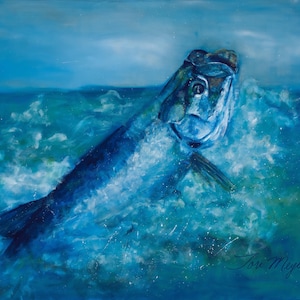 May include: An oil painting depicting a large silver fish breaching the surface of deep blue ocean water. The scene captures the fish mid-air surrounded by white sea foam and splashing waves. The artist's signature, Tori Meyer, is visible in the bottom right corner.
