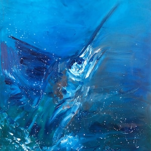May include: An oil painting depicting a sailfish leaping from deep blue water. The artwork features expressive brushstrokes in shades of navy, azure, and white, capturing the motion of the fish and splashing water. The artist signature Jori Meyer is visible.