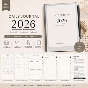 Könnte beinhalten: Ein digitales Tagesjournal für Remarkable 2 Tablets mit dem Text Daily Journal 2026 Gratitude Reflection Growth. Das Set enthält eine Jahresübersicht, einen Monatskalender, eine Tagesübersicht, zusätzlichen Schreibplatz und eine Anleitung.