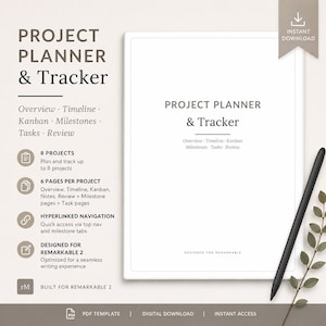 May include: A digital project planner and tracker template for Remarkable 2 tablets. The document features sections for overview, timeline, kanban, milestones, tasks, and review. It includes hyperlinked navigation and is designed for 8 projects.
