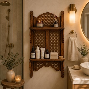 May include: A dark brown wooden wall shelf featuring intricate lattice cutouts and two horizontal tiers. The shelf holds a lit candle, a reed diffuser, four bottles of skincare products, a stack of three folded beige towels, and a small brush.
