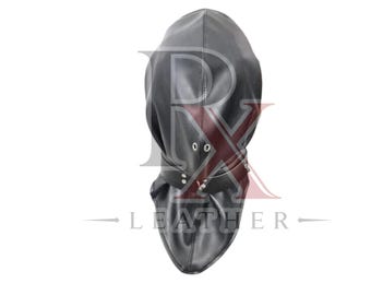 May include: A black leather hood featuring a smooth, seamless construction with a central vertical seam. The hood includes a horizontal strap across the neck area secured with silver-toned metal rivets and eyelets, providing a structured fit.
