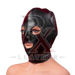 May include: A black leather hood mask featuring cutouts for the eyes and mouth, with a small metal grommet at the nose area. The mask has visible stitching along the seams and covers the head and neck. The text RX LEATHER is overlaid.