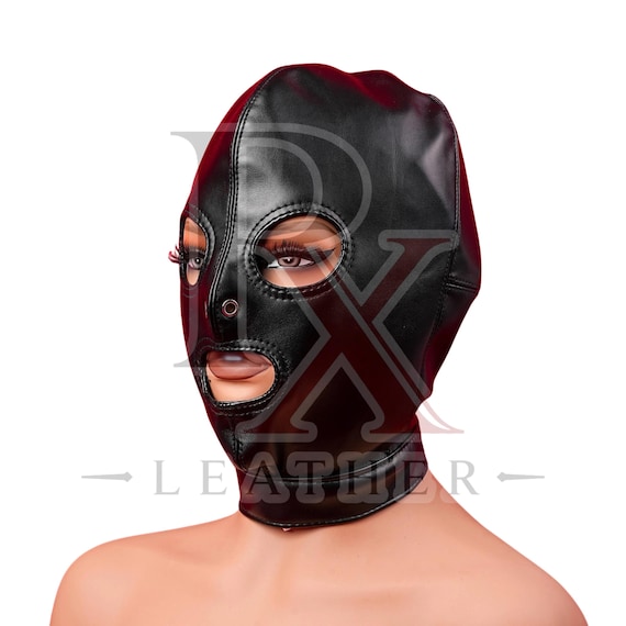 Handmade Black Leather Hood Lace Up Rear Buckle Full Face Open Mask Headwear