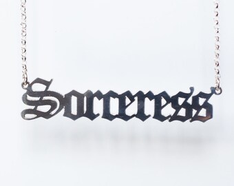 Sorceress Nameplate Necklace - Sterling Silver Gothic Font Old English Nameplate Pagan Witchy Goddess Altar Wiccan