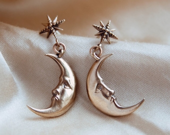 Dreamweaver Earrings - Handmade Vintage Style Man in Moon Earrings, Whimsigoth, Witchy, Celestial Jewelry, Crescent Moon, Moon and Star