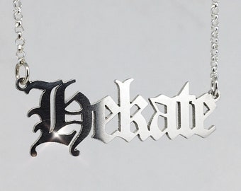 Hekate Nameplate Necklace - Sterling Silver Gothic Font Old English Nameplate Pagan Witchy Goddess