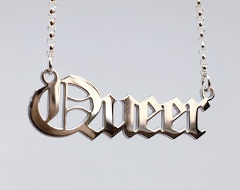 Queer Nameplate Necklace - Lesbian Sapphic Sterling Silver Gothic Font Old English Nameplate LGBTQ Gay Pride