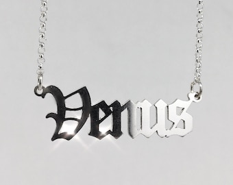 Venus Nameplate Necklace - Sterling Silver Gothic Font Old English Nameplate Pagan Witchy Goddess Romantic
