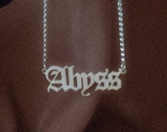 Abyss Nameplate Necklace - Sterling Silver Gothic Font Old English Nameplate Pagan Witchy Goddess Dark Style