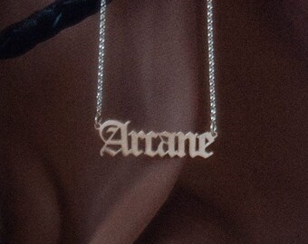 Arcane Nameplate Necklace - Sterling Silver Gothic Font Old English Nameplate Pagan Witchy Goddess Dark Style