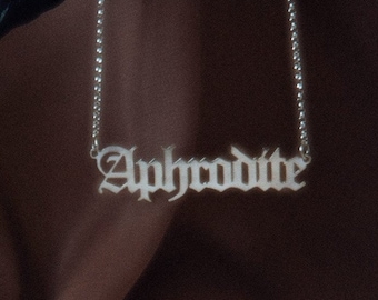 Aphrodite Nameplate Necklace - Sterling Silver Gothic Font Old English Nameplate Pagan Witchy Goddess