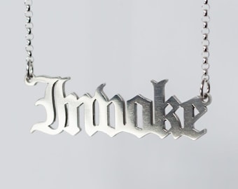 Invoke Nameplate Necklace - Sterling Silver Gothic Font Old English Nameplate Pagan Witchy Goddess Ritual