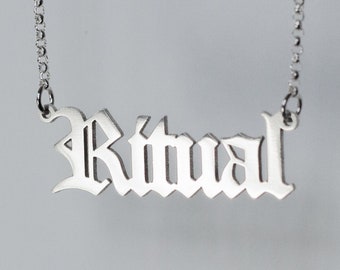 Ritual Nameplate Necklace - Sterling Silver Gothic Font Old English Nameplate Pagan Witchy Goddess Altar