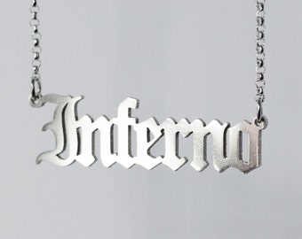 Inferno Nameplate Necklace - Suspiria Sterling Silver Gothic Font Old English Nameplate Pagan Witchy Goddess