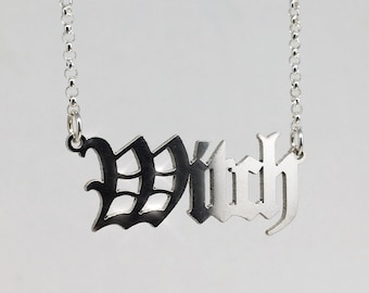 Witch Nameplate Necklace - Sterling Silver Gothic Font Old English Nameplate Pagan Witchy Goddess