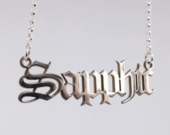 Sapphic Nameplate Necklace - Lesbian Queer Sterling Silver Gothic Font Old English Nameplate LGBTQ Gay Pride