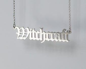Witchcraft Nameplate Necklace - Sterling Silver Gothic Font Old English Nameplate Pagan Witchy Goddess