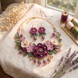 May include: A crochet floral necklace and matching earring set featuring deep purple, light pink, and white blossoms with green leaves. The jewelry is accented with small gold beads and translucent purple teardrop crystals on a gold-tone chain.