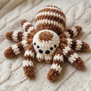 May include: A plush crochet spider toy featuring a round body and eight legs with a striped pattern in alternating shades of dark brown and cream. The spider has a cream-coloured head with a brown patch on top and eight small black plastic eyes.