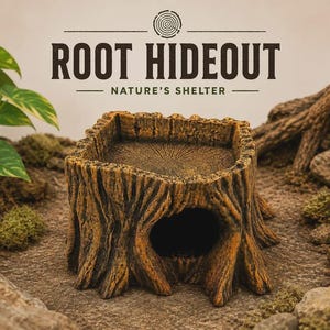 Op de afbeelding: Een bruine, getextureerde boomstronk-schuilplaats met een holle opening en een plat bovenoppervlak. De tekst ROOT HIDEOUT NATURE'S SHELTER staat erboven gedrukt. De structuur heeft realistische schorsdetails en een donkere afwerking.