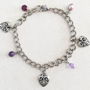 Embossed Pewter Hearts and Amethyst Silver Charm Bracelet. image 1