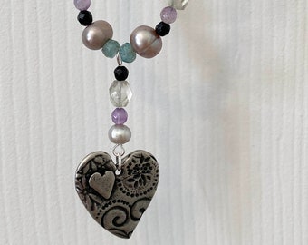 Antique Silver Decorated Heart and Genuine Gemstone and Pearl Necklace.