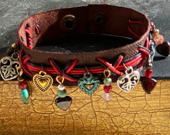 Leather Wrap Charm Bracelet with Red and Black Cotton Cord, with Heart Charms and Semi Precious Stones.