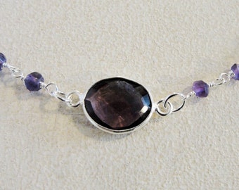 Amethyst Bezel Set Gemstone Silver Necklace on Amethyst Rosary Silver Chain and Sterling Silver filled Rolo Chain with Swarovski Crystals.