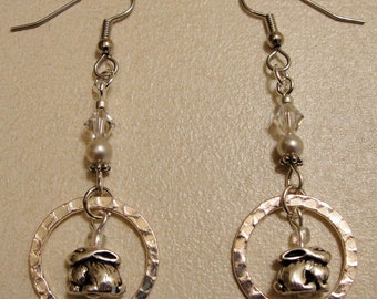 Antique Silver Bunny Earrings in Hammered Silver Rings Dangle with Fresh Water Pearls, Swarovski Crystals, Glass and Silver Beads.