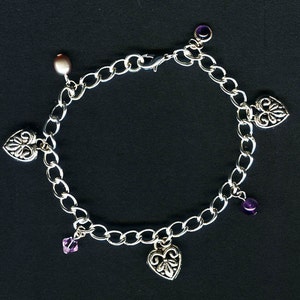 Embossed Pewter Hearts and Amethyst Silver Charm Bracelet. image 3