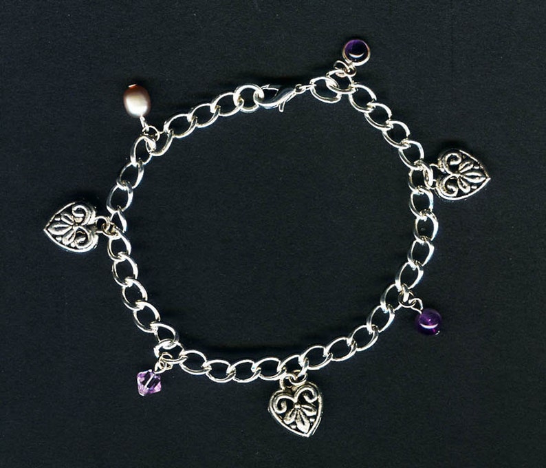 Embossed Pewter Hearts and Amethyst Silver Charm Bracelet. image 3