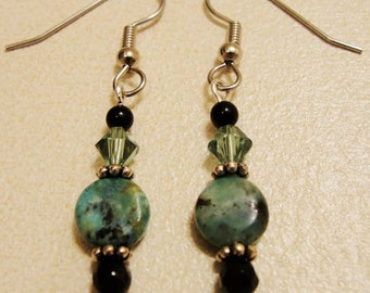African Turquoise 9mm Puff Disk Drop Earrings with Faceted and Round Black Agate and Swarovski Crystals.