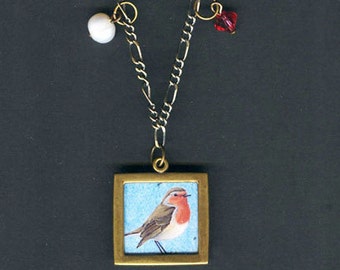 Antique Brass Framed Robin Necklace with Semi Precious Stones