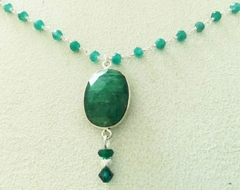 Natural Emerald Sterling Bezel Gemstone on Sterling Emerald Rosary Chain, Green Onyx, Sterling Beads & Swarovski Crystals Sterling Necklace.