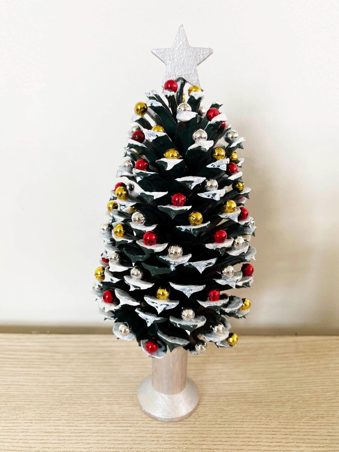 Festive Natural Pine Cone Christmas Tree Decorated With Red, Gold and ...