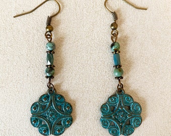 Turquoise Patina Brass Floral Medallions with African Turquoise beads and Faceted Czech Glass Beads, Dangling Earrings.