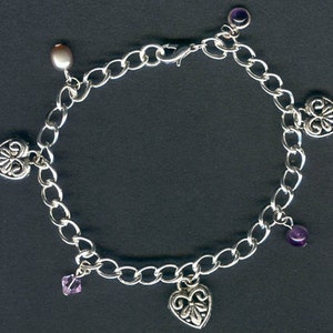 Embossed Pewter Hearts and Amethyst Silver Charm Bracelet. image 4