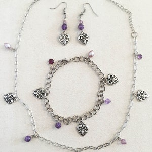 Embossed Pewter Hearts and Amethyst Silver Charm Bracelet. image 2